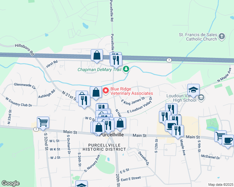 map of restaurants, bars, coffee shops, grocery stores, and more near 201 East Skyline Drive in Purcellville