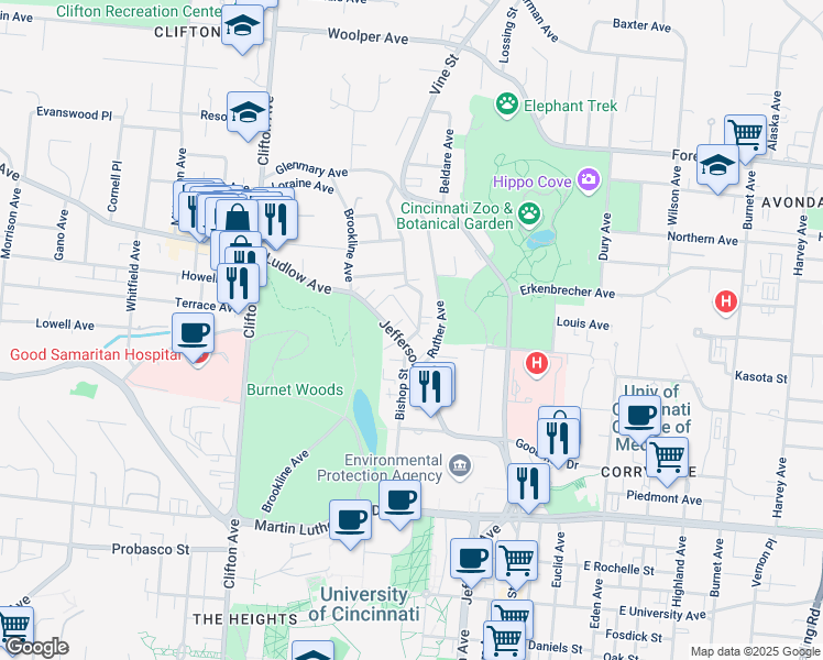 map of restaurants, bars, coffee shops, grocery stores, and more near 3300 Jefferson Avenue in Cincinnati
