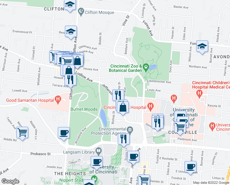 map of restaurants, bars, coffee shops, grocery stores, and more near 3300 Jefferson Avenue in Cincinnati
