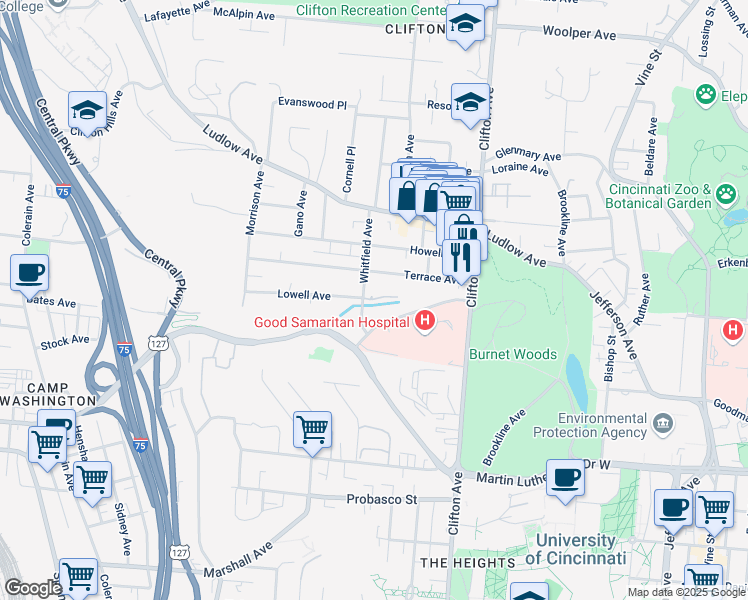 map of restaurants, bars, coffee shops, grocery stores, and more near 3238 Whitfield Avenue in Cincinnati