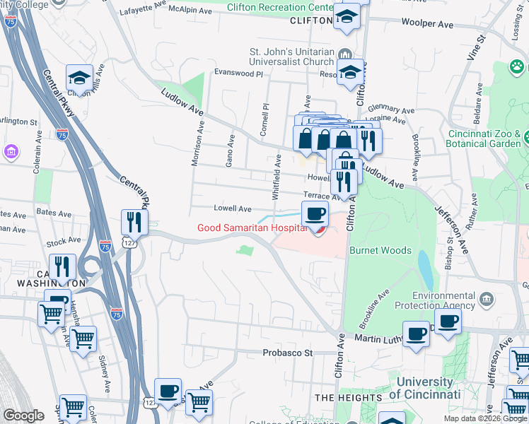 map of restaurants, bars, coffee shops, grocery stores, and more near 523 Lowell Avenue in Cincinnati