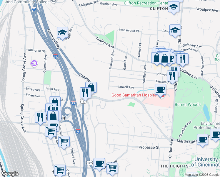 map of restaurants, bars, coffee shops, grocery stores, and more near 605 Lowell Avenue in Cincinnati