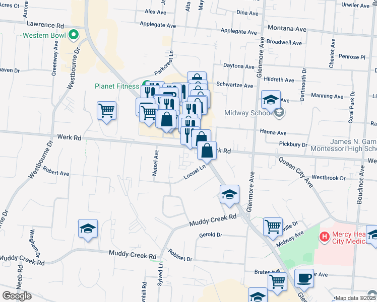 map of restaurants, bars, coffee shops, grocery stores, and more near 3509 Werk Road in Cincinnati