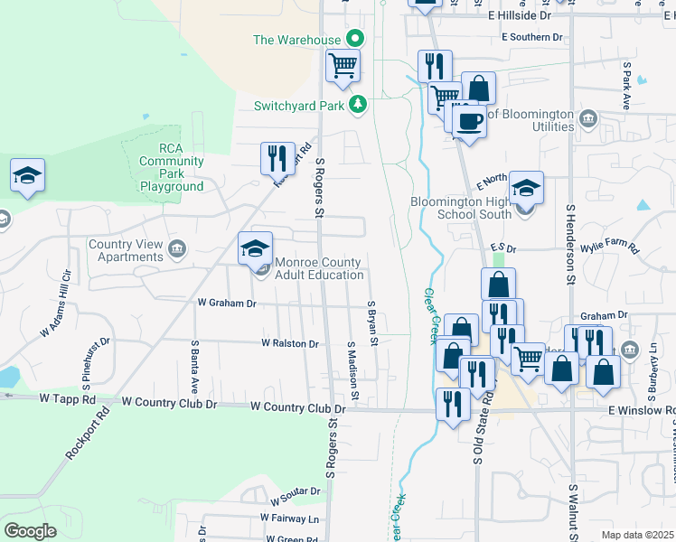 map of restaurants, bars, coffee shops, grocery stores, and more near 2404 South Madison Street in Bloomington