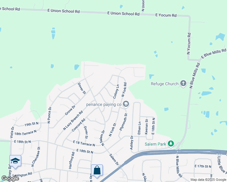 map of restaurants, bars, coffee shops, grocery stores, and more near 19112 East Roxsbury Lane in Independence