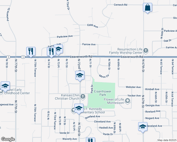 map of restaurants, bars, coffee shops, grocery stores, and more near 7112 Roswell Avenue in Kansas City