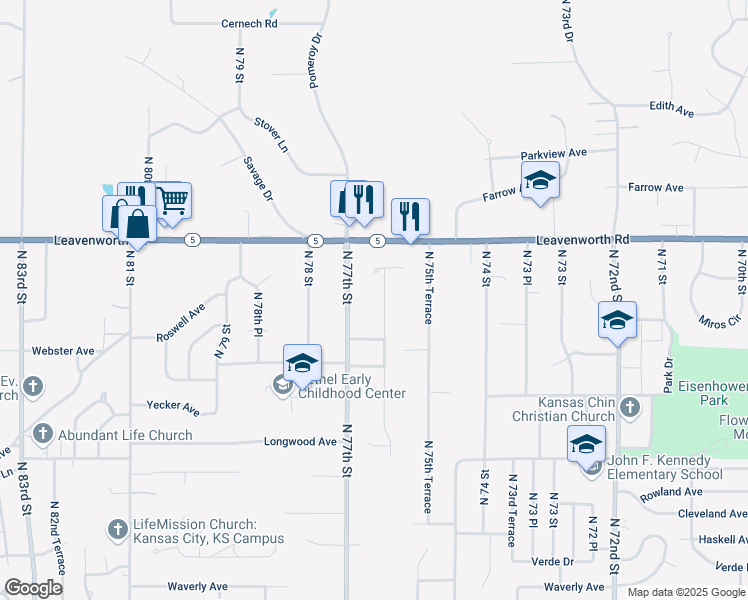 map of restaurants, bars, coffee shops, grocery stores, and more near 2959 North 77th Street in Kansas City