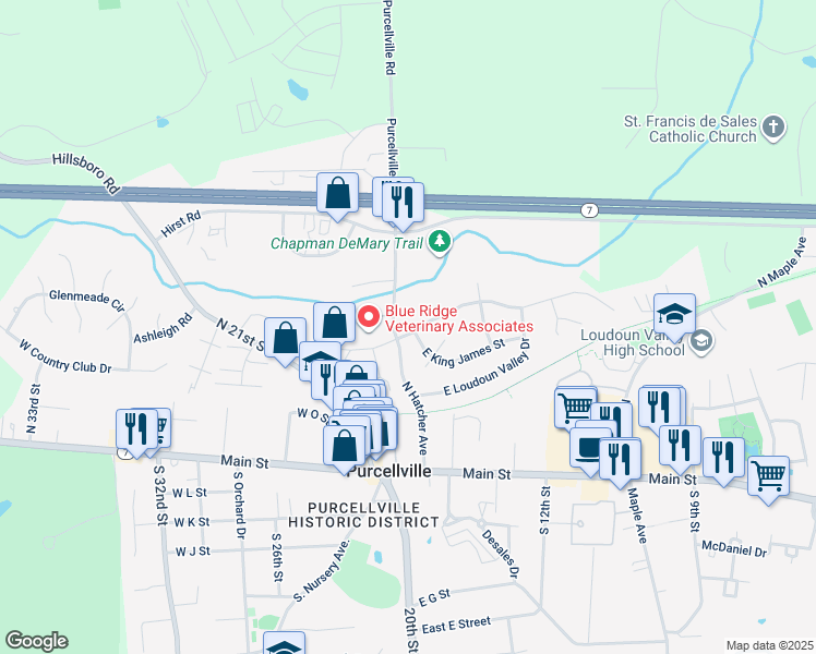 map of restaurants, bars, coffee shops, grocery stores, and more near 201 East Skyline Drive in Purcellville