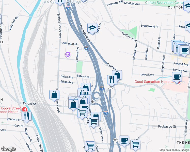 map of restaurants, bars, coffee shops, grocery stores, and more near 1160 Bates Avenue in Cincinnati
