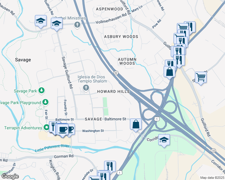 map of restaurants, bars, coffee shops, grocery stores, and more near 8800 Howard Hills Dr in Savage-Guilford