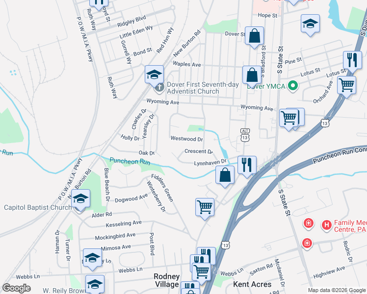 map of restaurants, bars, coffee shops, grocery stores, and more near 175 Crescent Drive in Dover