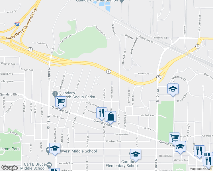 map of restaurants, bars, coffee shops, grocery stores, and more near 3045 North 13th Street in Kansas City