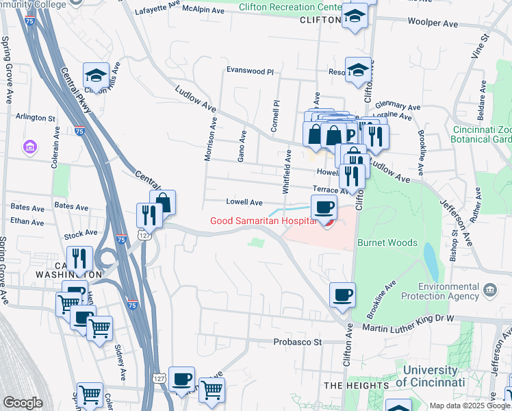 map of restaurants, bars, coffee shops, grocery stores, and more near 539 Lowell Avenue in Cincinnati