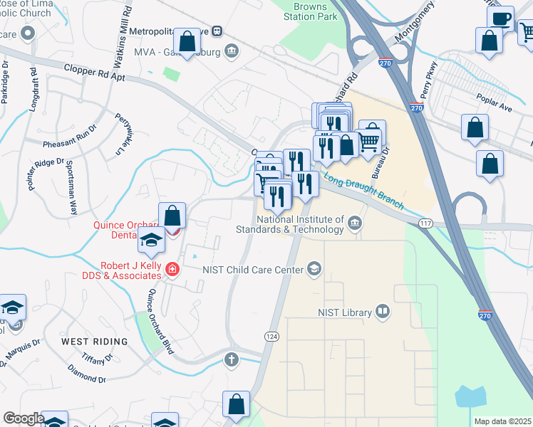 map of restaurants, bars, coffee shops, grocery stores, and more near 656 Quince Orchard Road in Gaithersburg