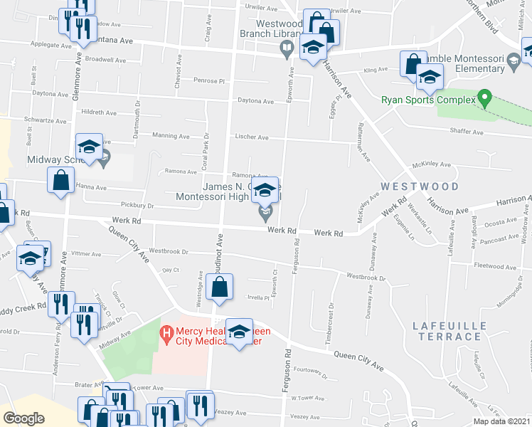 map of restaurants, bars, coffee shops, grocery stores, and more near 3036 Werk Road in Cincinnati