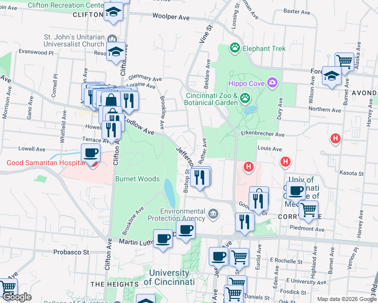 map of restaurants, bars, coffee shops, grocery stores, and more near 3304 Jefferson Avenue in Cincinnati