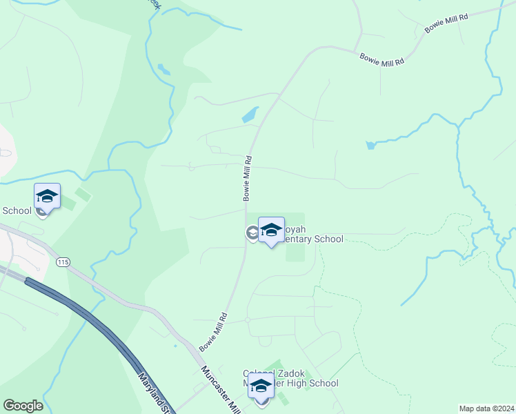 map of restaurants, bars, coffee shops, grocery stores, and more near 17401 Bowie Mill Road in Rockville