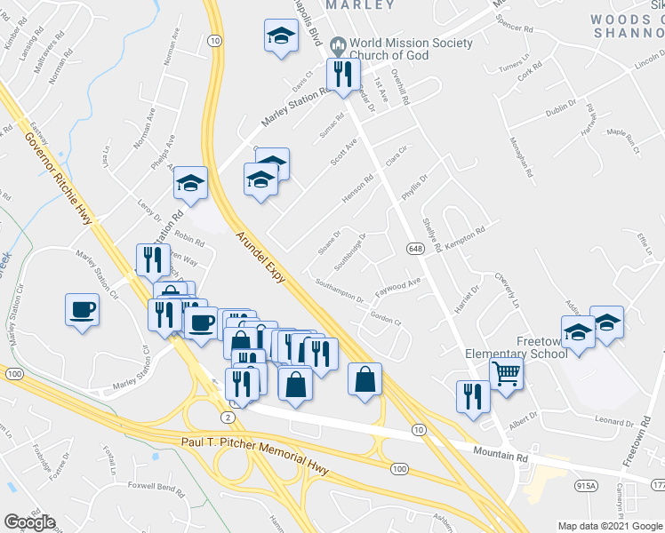 map of restaurants, bars, coffee shops, grocery stores, and more near 126 Southbridge Drive in Glen Burnie
