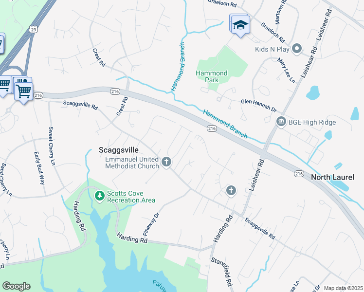 map of restaurants, bars, coffee shops, grocery stores, and more near Hines Circle in Scaggsville