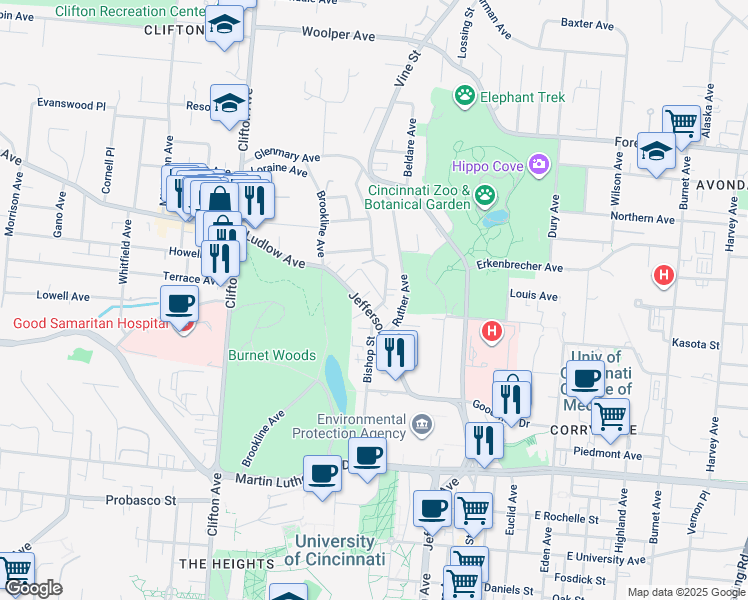 map of restaurants, bars, coffee shops, grocery stores, and more near 3304 Jefferson Avenue in Cincinnati