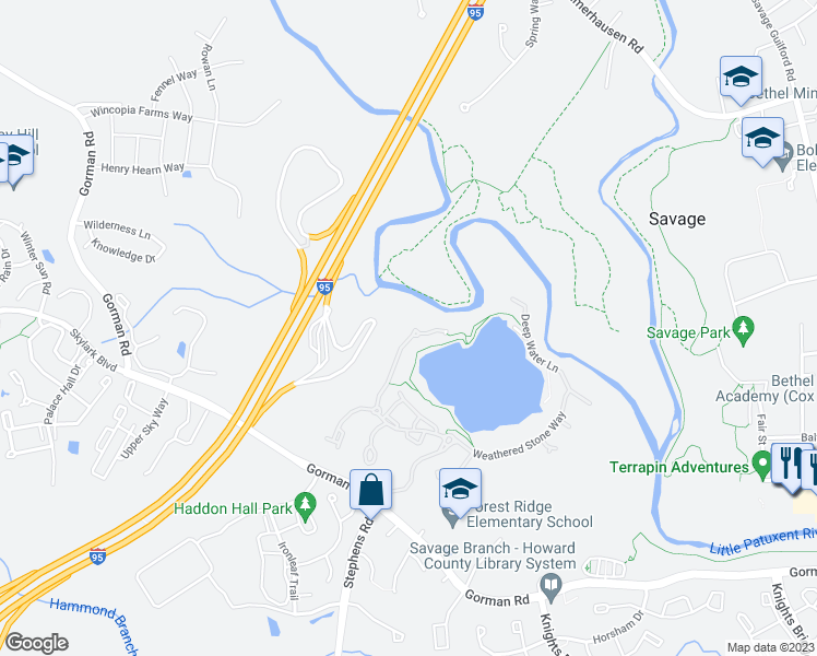 map of restaurants, bars, coffee shops, grocery stores, and more near 8795 Boulder Ridge Road in Laurel