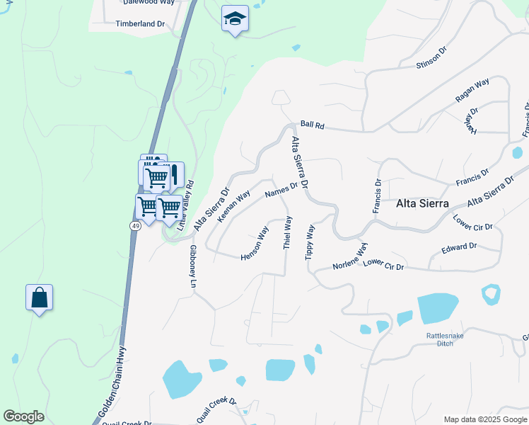map of restaurants, bars, coffee shops, grocery stores, and more near 10962 Henson Way in Grass Valley