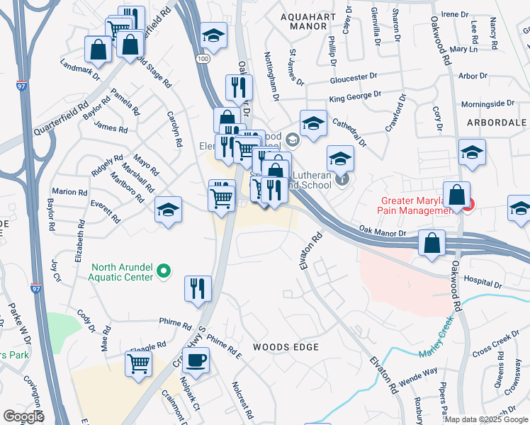 map of restaurants, bars, coffee shops, grocery stores, and more near 337 Hospital Drive in Glen Burnie