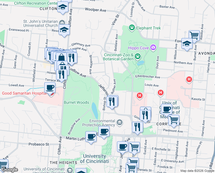 map of restaurants, bars, coffee shops, grocery stores, and more near 3317 Bishop Street in Cincinnati