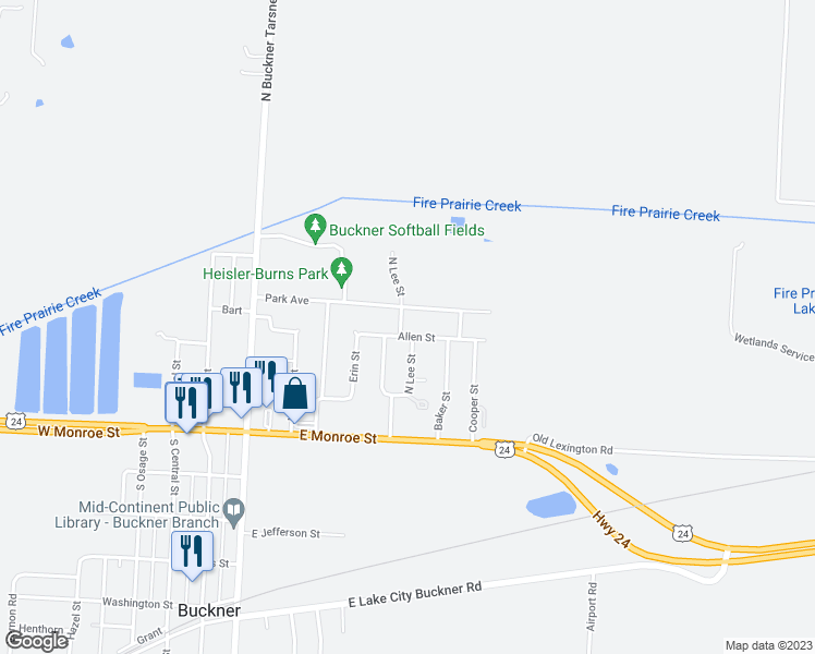 map of restaurants, bars, coffee shops, grocery stores, and more near 400 Allen Street in Buckner