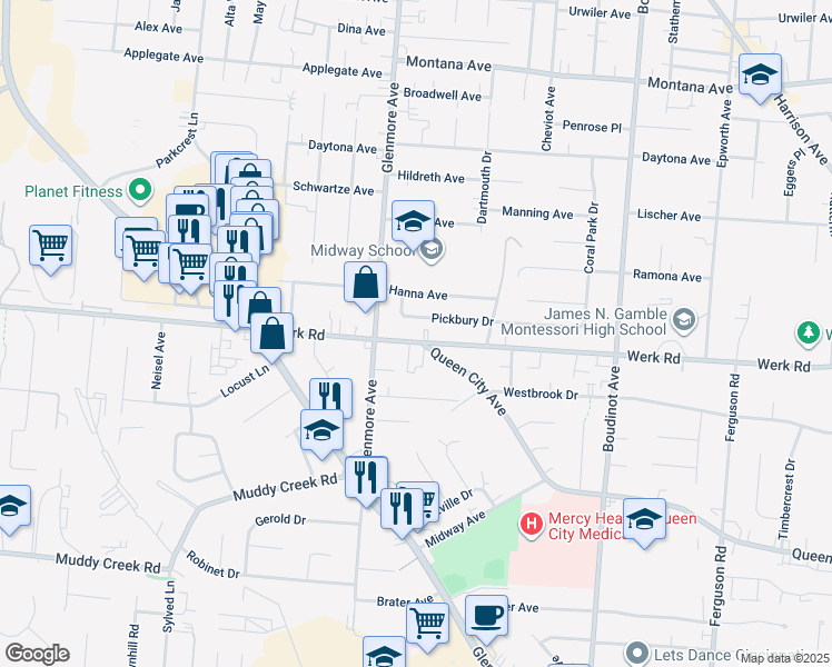 map of restaurants, bars, coffee shops, grocery stores, and more near 3268 Werk Road in Cincinnati