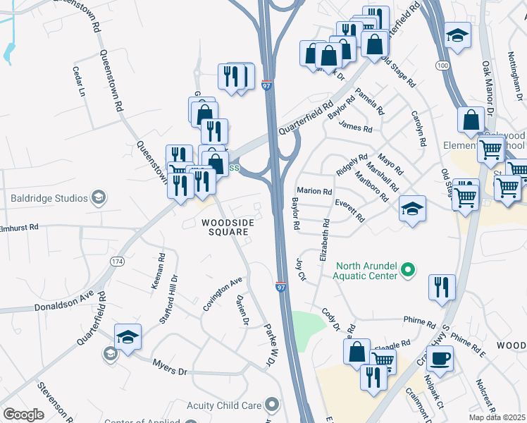 map of restaurants, bars, coffee shops, grocery stores, and more near 508 West Court in Glen Burnie