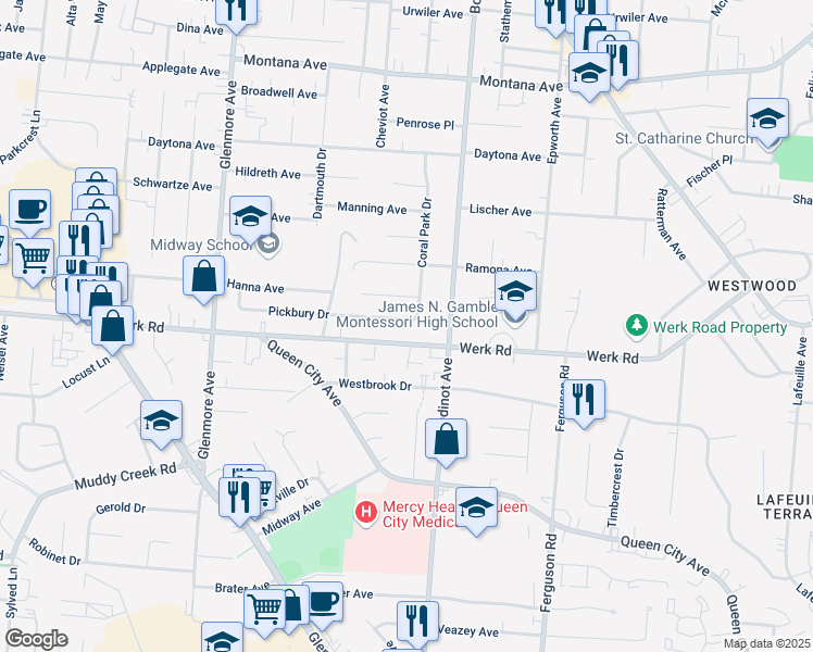 map of restaurants, bars, coffee shops, grocery stores, and more near 3111 Pickbury Drive in Cincinnati