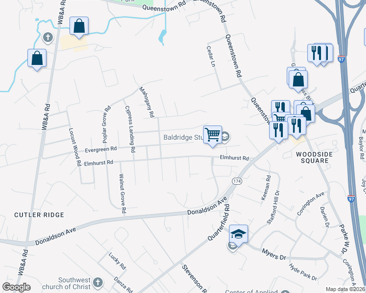 map of restaurants, bars, coffee shops, grocery stores, and more near 749 Evergreen Road in Severn