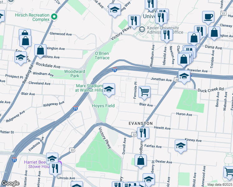map of restaurants, bars, coffee shops, grocery stores, and more near 3250 Victory Parkway in Cincinnati