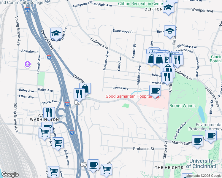 map of restaurants, bars, coffee shops, grocery stores, and more near 571 Lowell Avenue in Cincinnati