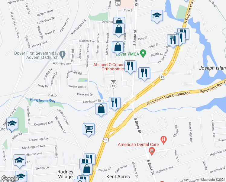 map of restaurants, bars, coffee shops, grocery stores, and more near 1073 South Governors Avenue in Dover