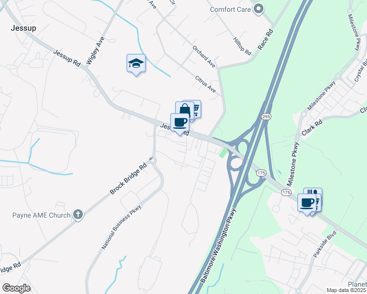 map of restaurants, bars, coffee shops, grocery stores, and more near 2841 Maryland 175 in Jessup