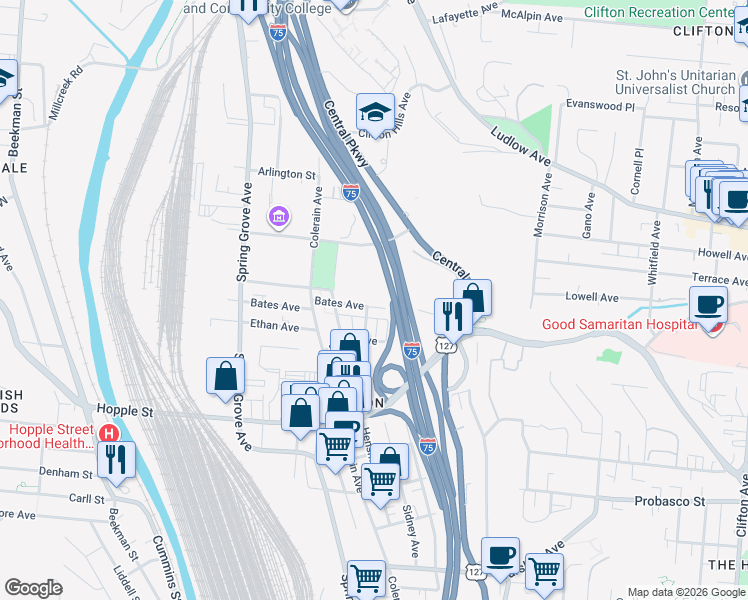 map of restaurants, bars, coffee shops, grocery stores, and more near 1160 Bates Avenue in Cincinnati