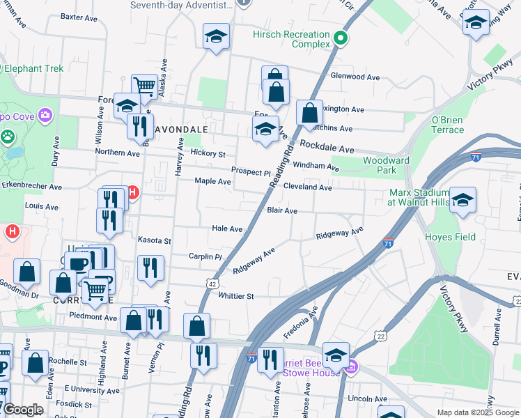 map of restaurants, bars, coffee shops, grocery stores, and more near 3401 Reading Road in Cincinnati