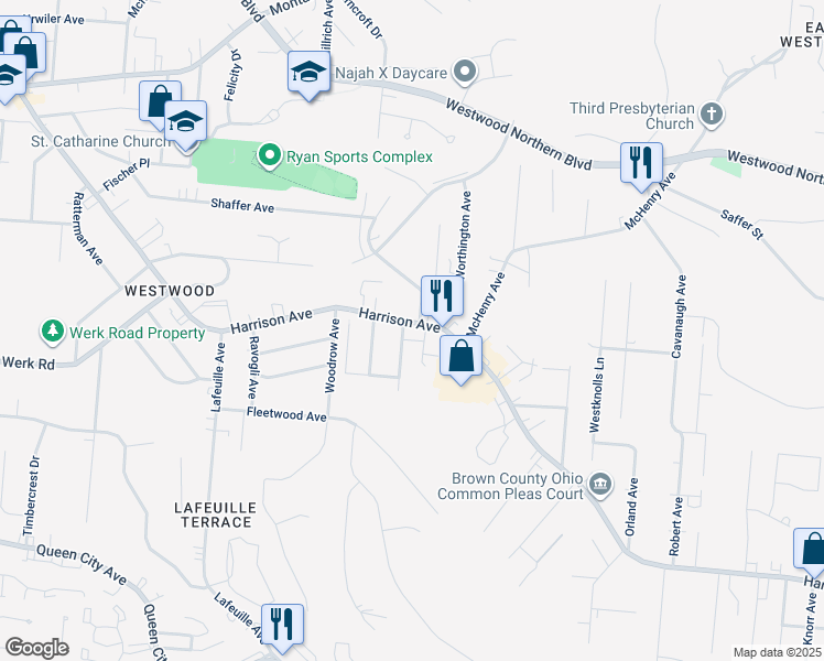 map of restaurants, bars, coffee shops, grocery stores, and more near 2505 Harrison Avenue in Cincinnati