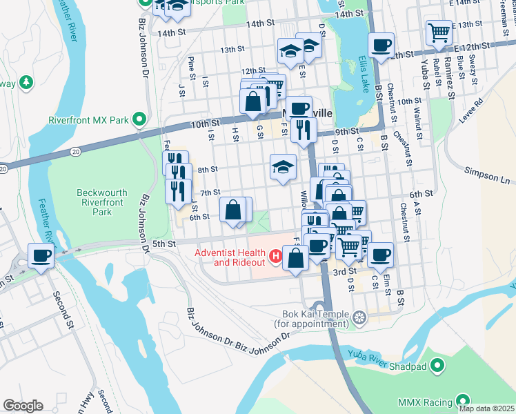 map of restaurants, bars, coffee shops, grocery stores, and more near 717 6th Street in Marysville