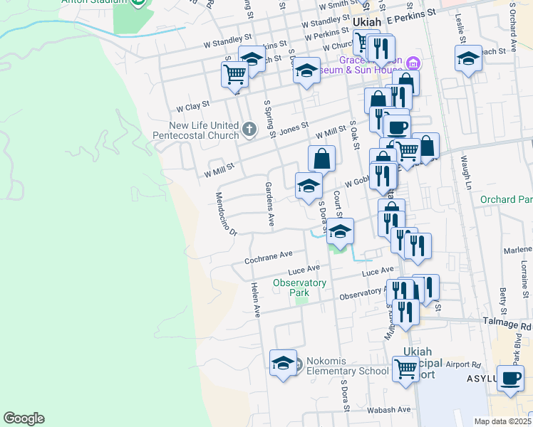 map of restaurants, bars, coffee shops, grocery stores, and more near in Ukiah