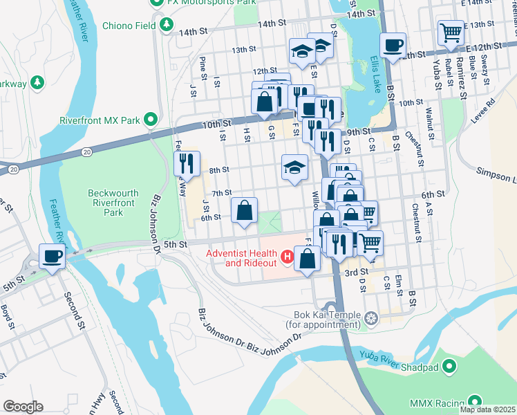 map of restaurants, bars, coffee shops, grocery stores, and more near 717 6th Street in Marysville