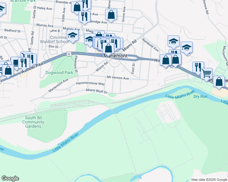 map of restaurants, bars, coffee shops, grocery stores, and more near 6824 Miami Bluff Drive in Cincinnati