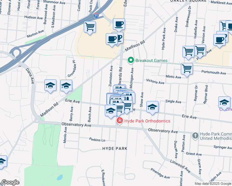 map of restaurants, bars, coffee shops, grocery stores, and more near 3534 Zumstein Avenue in Cincinnati