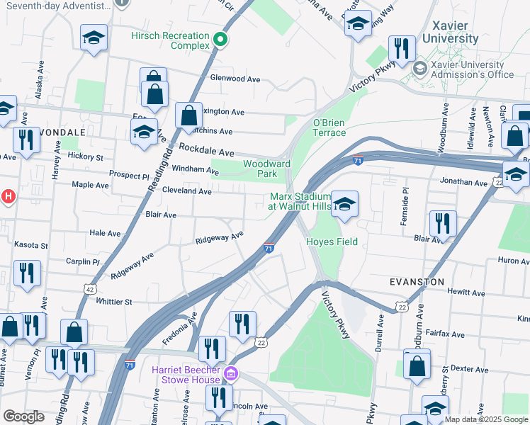 map of restaurants, bars, coffee shops, grocery stores, and more near 946 Blair Avenue in Cincinnati