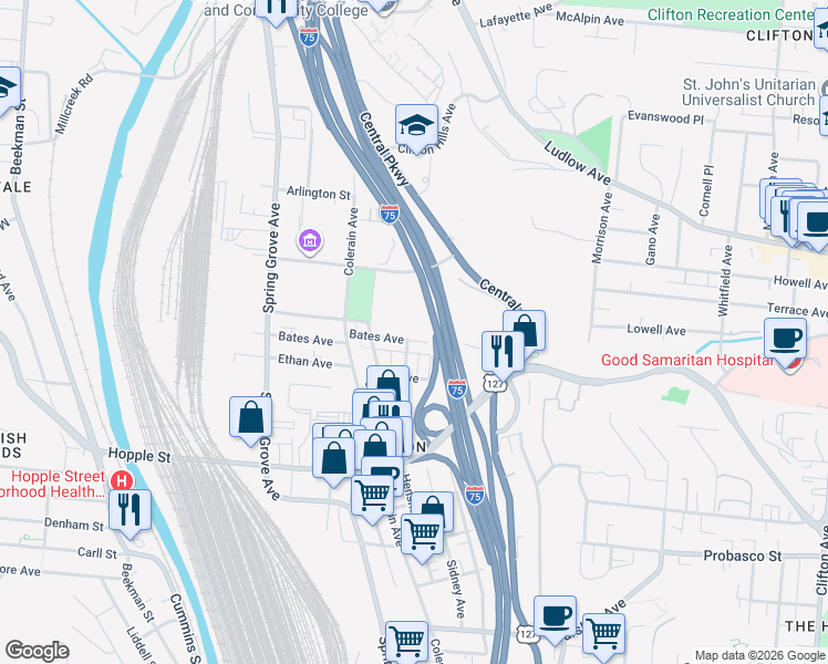 map of restaurants, bars, coffee shops, grocery stores, and more near 1160 Bates Avenue in Cincinnati