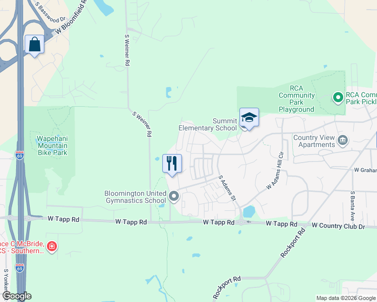 map of restaurants, bars, coffee shops, grocery stores, and more near 2320 South Samuel Lane in Bloomington