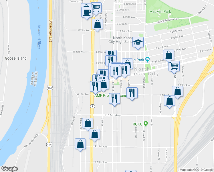 map of restaurants, bars, coffee shops, grocery stores, and more near 1901 Clay Street in North Kansas City