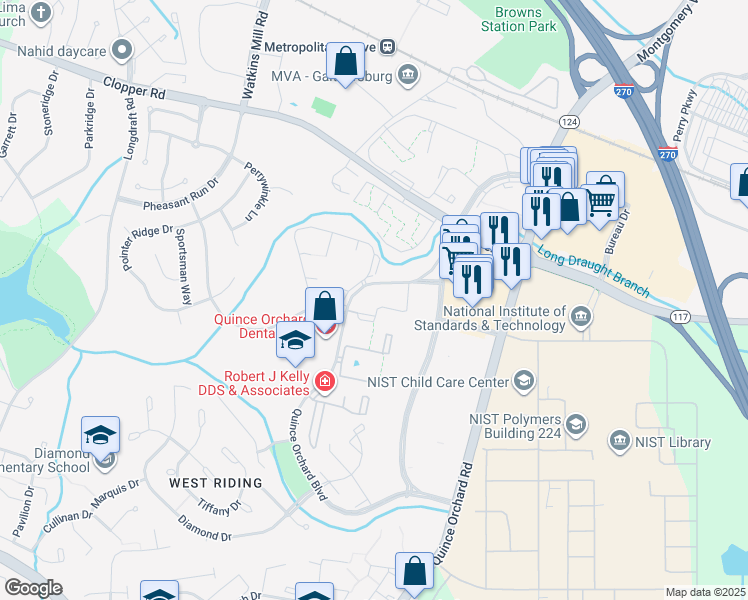 map of restaurants, bars, coffee shops, grocery stores, and more near 718 Quince Orchard Boulevard in Gaithersburg